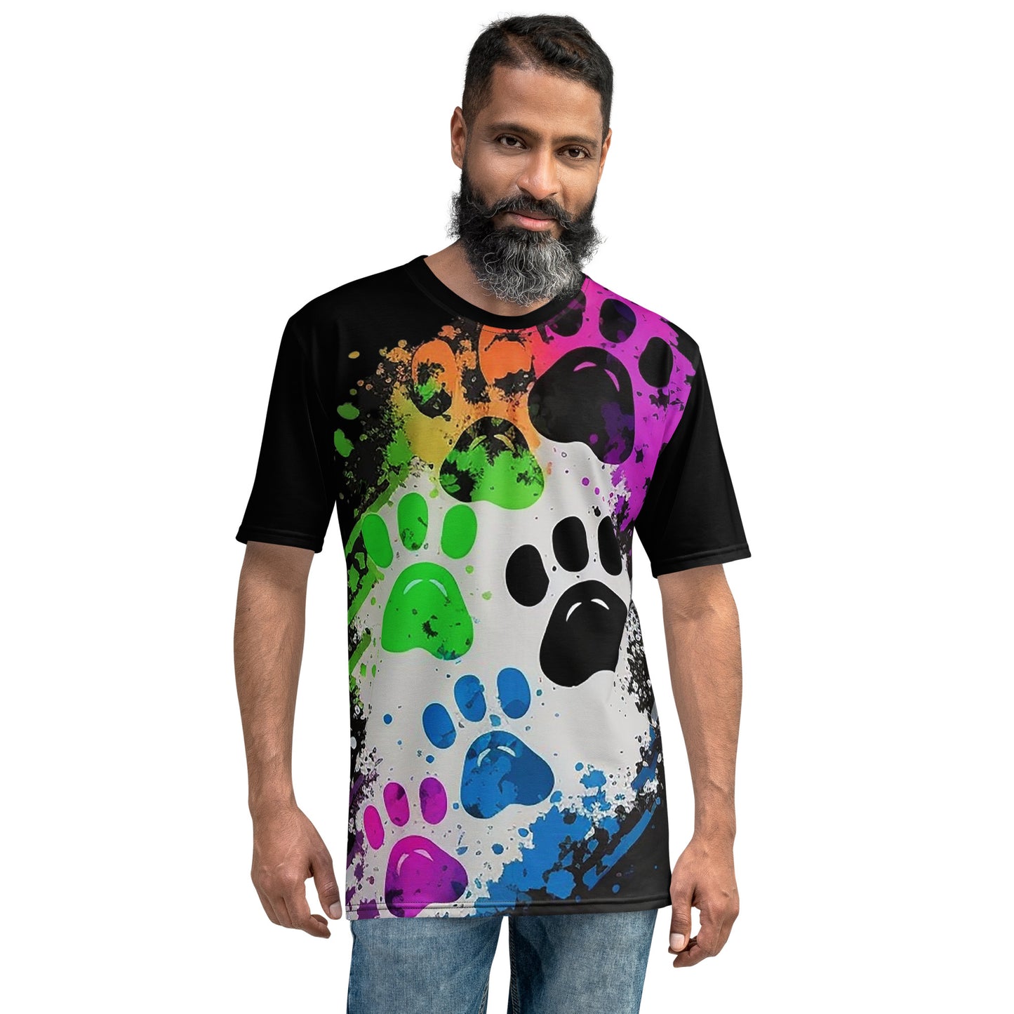 EzPanda® Men's Neon Pink Paw Parade - Stylish Watercolor Print Tee (Black)
