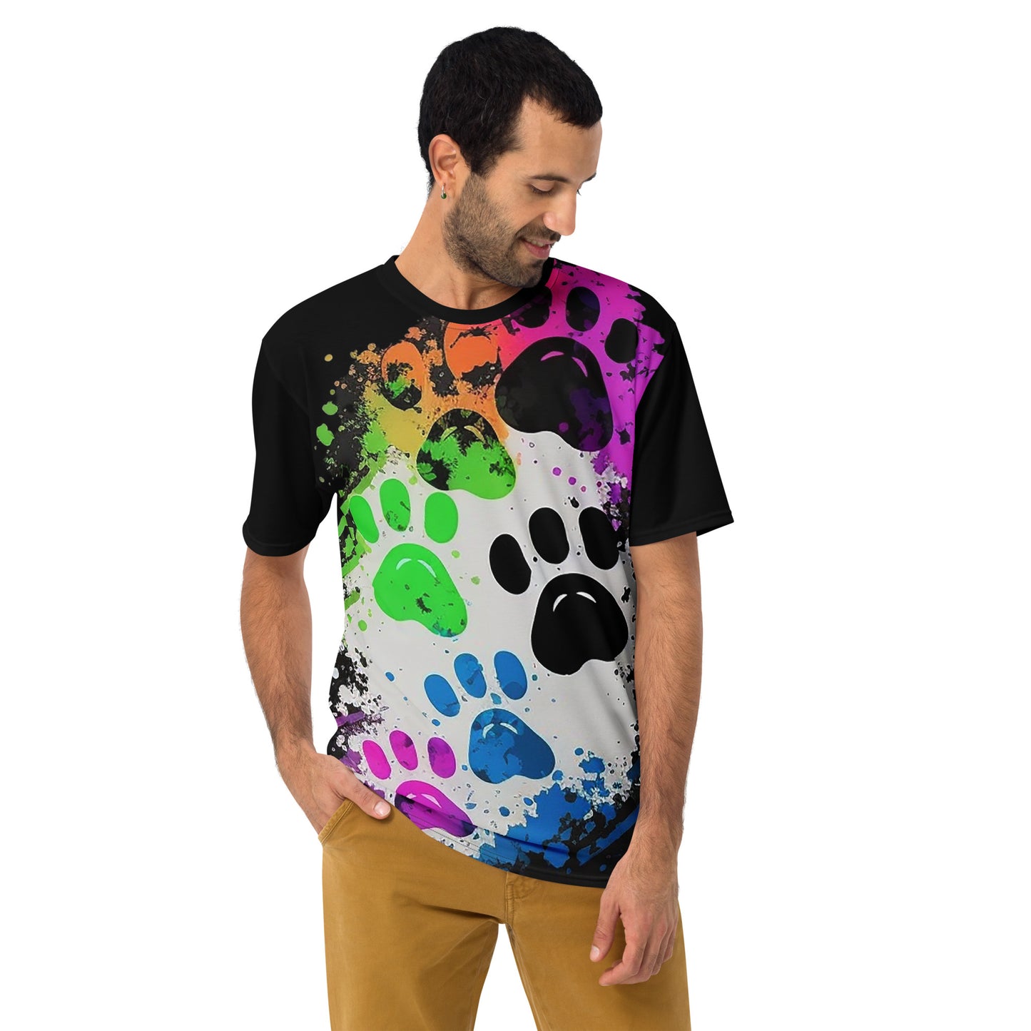 EzPanda® Men's Neon Pink Paw Parade - Stylish Watercolor Print Tee (Black)
