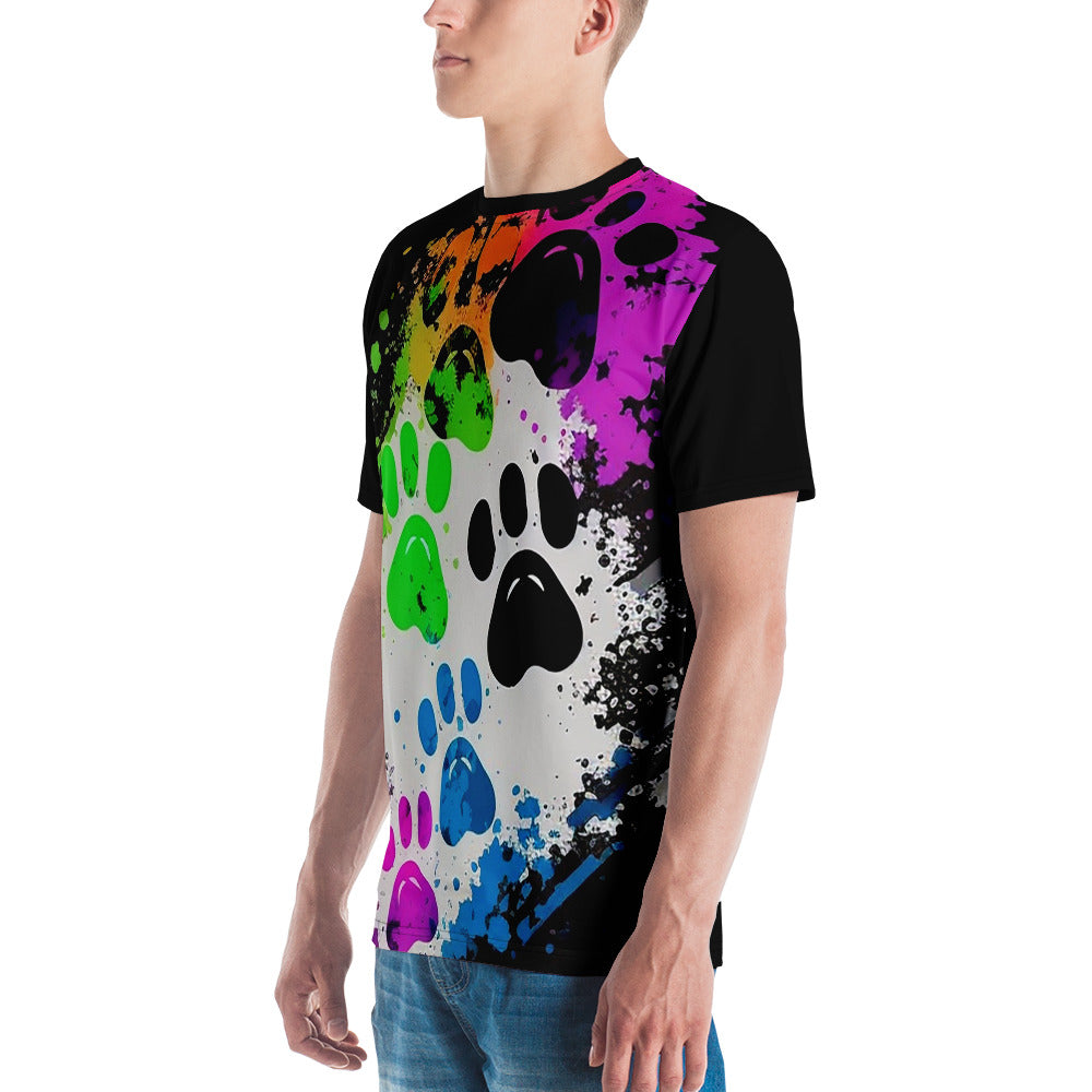 EzPanda® Men's Neon Pink Paw Parade - Stylish Watercolor Print Tee (Black)