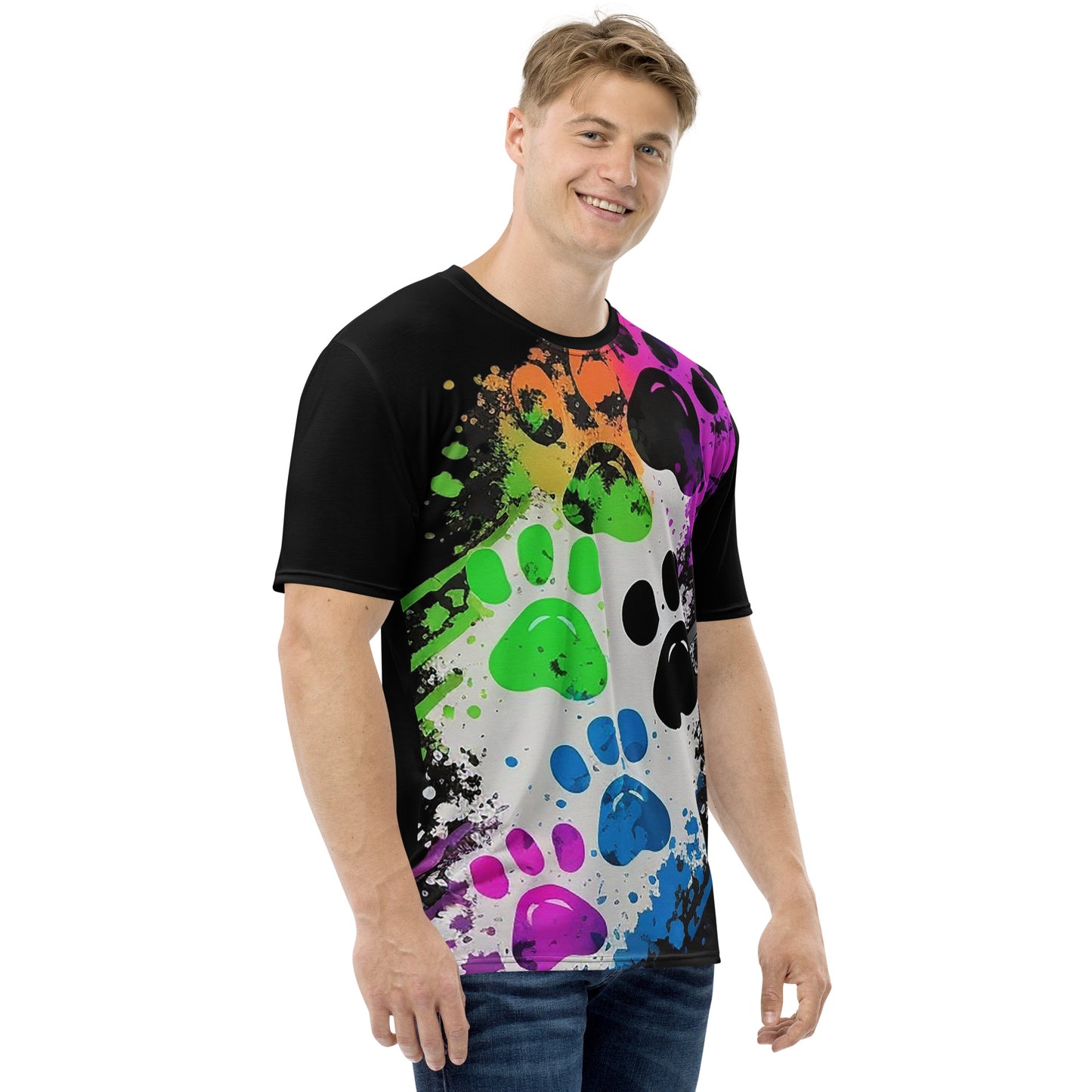EzPanda® Men's Neon Pink Paw Parade - Stylish Watercolor Print Tee (Black)